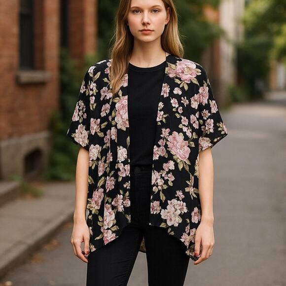 Angie Womens Black Floral Pattern Open Front Flowy Oversized Rayon Kimono Small - Picture 1 of 7